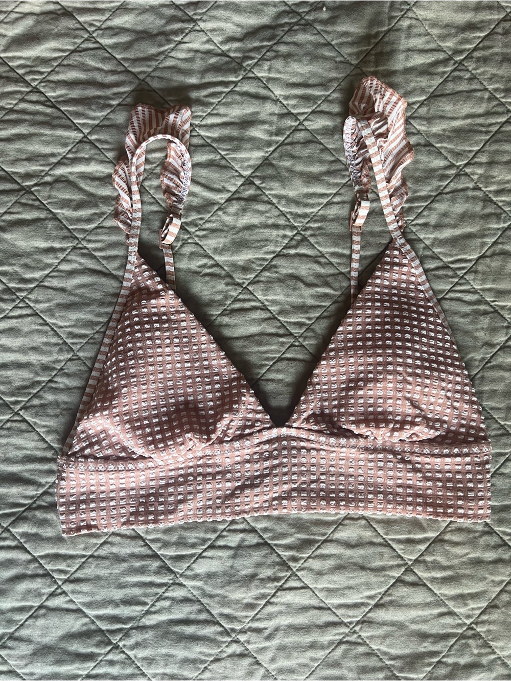 Women's Pink checkered swim top with ruffled straps